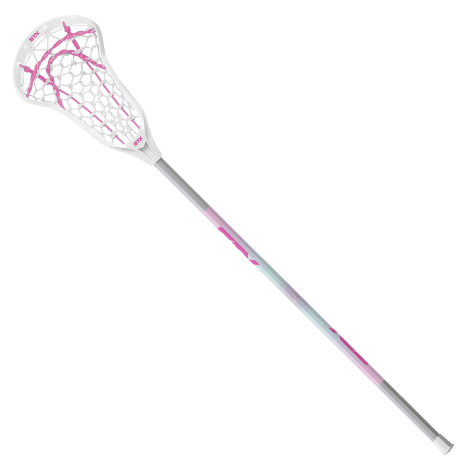 The STX Crux 100 Lock Pocket Complete Stick, from the brand STX, is an ideal lacrosse stick for beginners. It features a white netted head and a light-colored shaft adorned with pink accents, making it perfect for girls. The stick is equipped with the Crux 100 Lock Pocket design to enhance on-field performance.