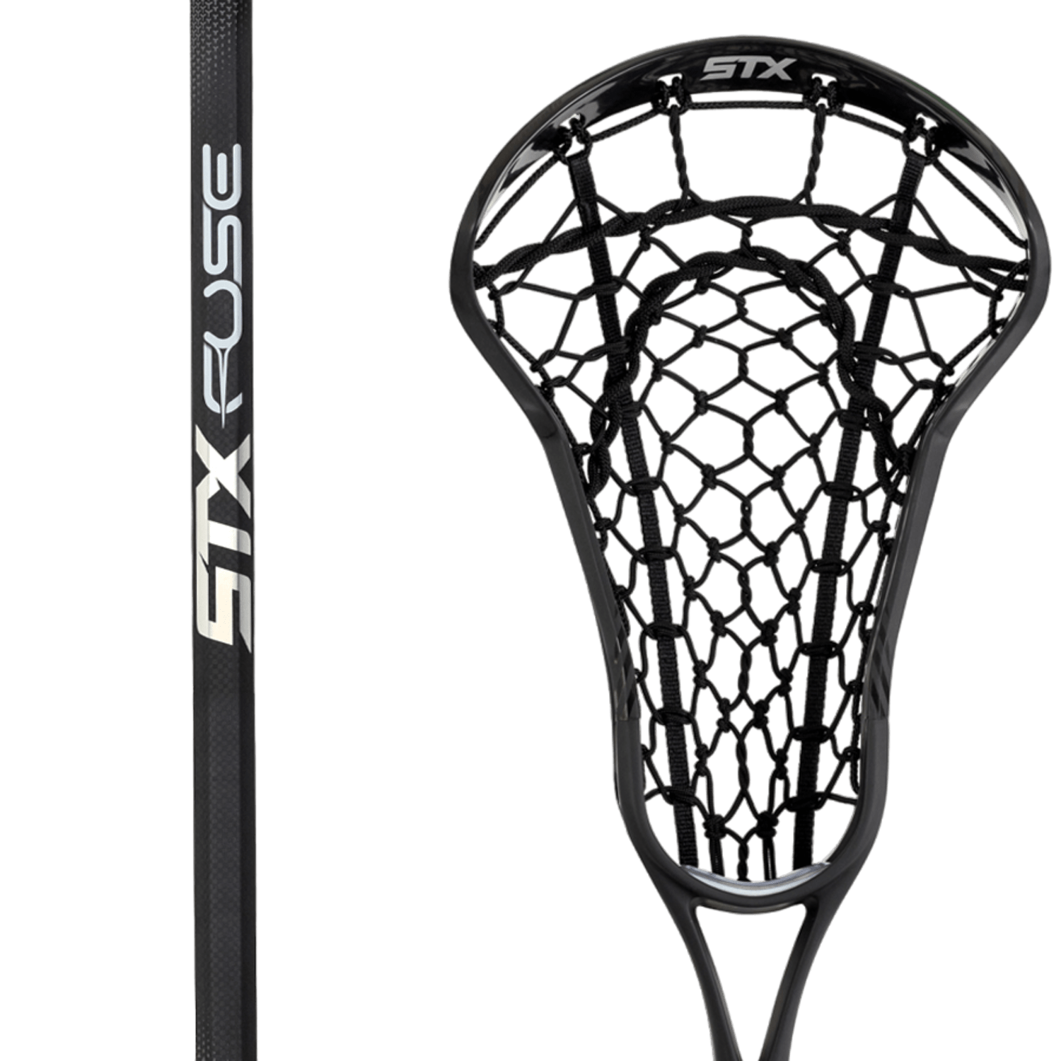 A close-up of the STX Fuse Complete Stick, an elite women's lacrosse stick from STX, showcasing its black netted head. This sleek and modern stick features dual-material construction for a textured grip and detailed netting, providing lightweight yet durable performance.
