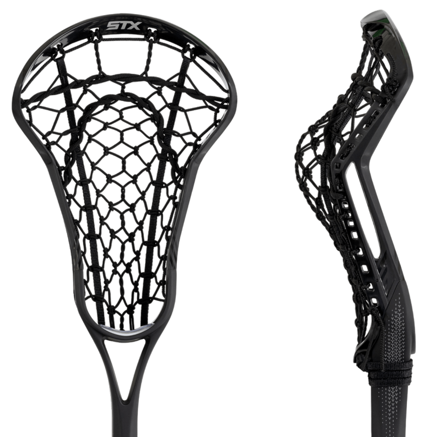 The STX Fuse Complete Stick in black showcases a dual-material lacrosse head with a netted mesh pocket, presented from front and side angles. The "STX" brand logo adorns this lightweight and durable design. Its side view emphasizes the curved structure, stringing details, and its suitability for elite women's play.