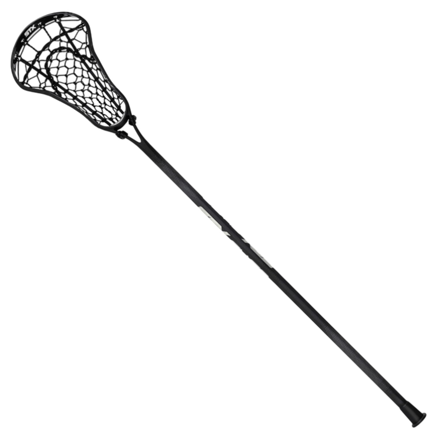 The STX Fuse Complete Stick is an elite women's lacrosse stick in black, featuring a netted head designed for efficient catching and throwing of a lacrosse ball. Its dual-material construction ensures that it is both lightweight and durable, with a slight angle in the stick that highlights its sleek and sturdy design.