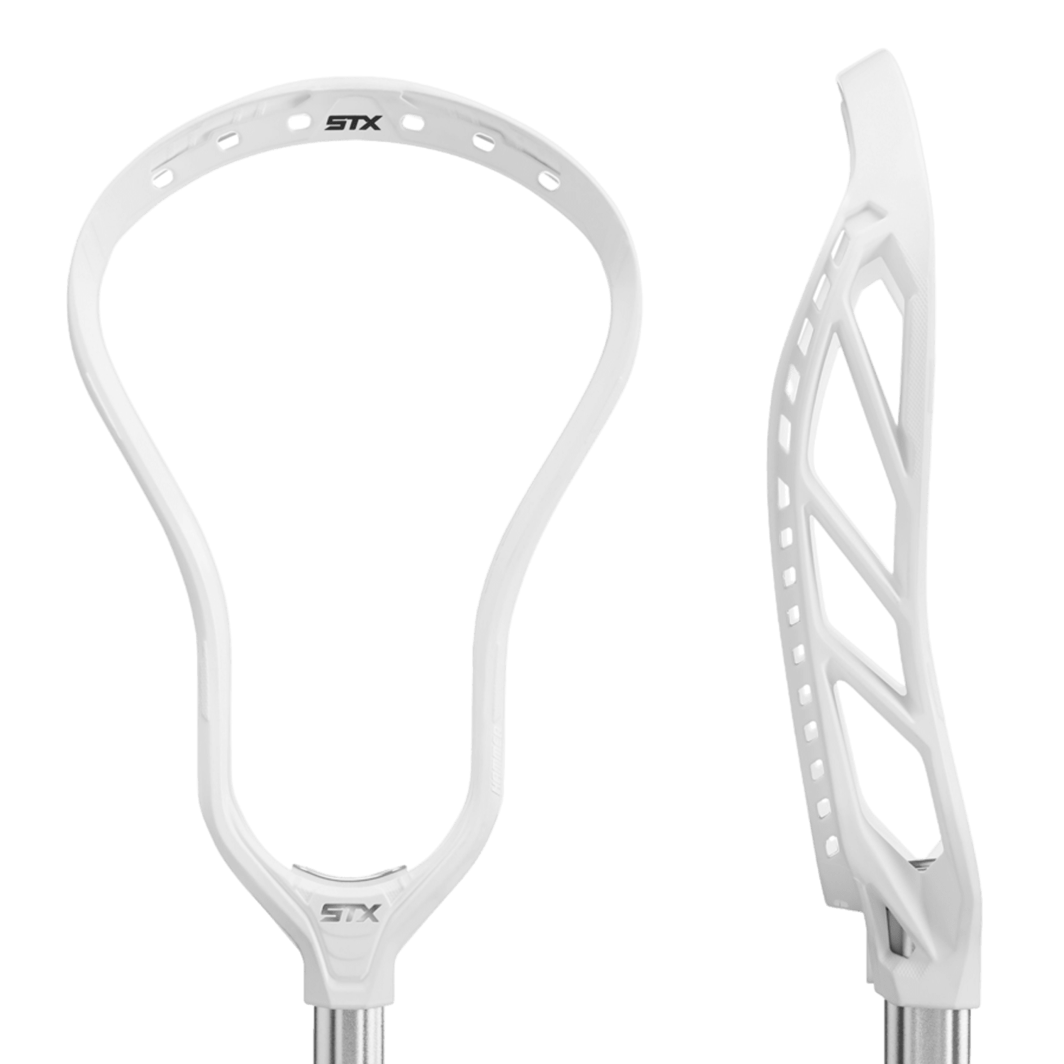 The STX Hammer 1K Lacrosse Head showcases two perspectives of its design in white, highlighting the innovative EnduraForm material. The front view presents a traditional open frame with numerous stringing holes, while the side view emphasizes the angled sidewall structure.