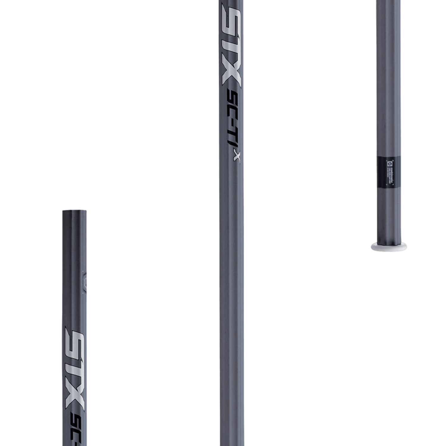 Image of the STX brand's Sc-Ti X Lacrosse Shaft. This sleek gray shaft prominently displays "STX Sc-Ti X" in bold white lettering, highlighting its Sci-Ti technology. The smooth finish and various angles emphasize its cutting-edge design.