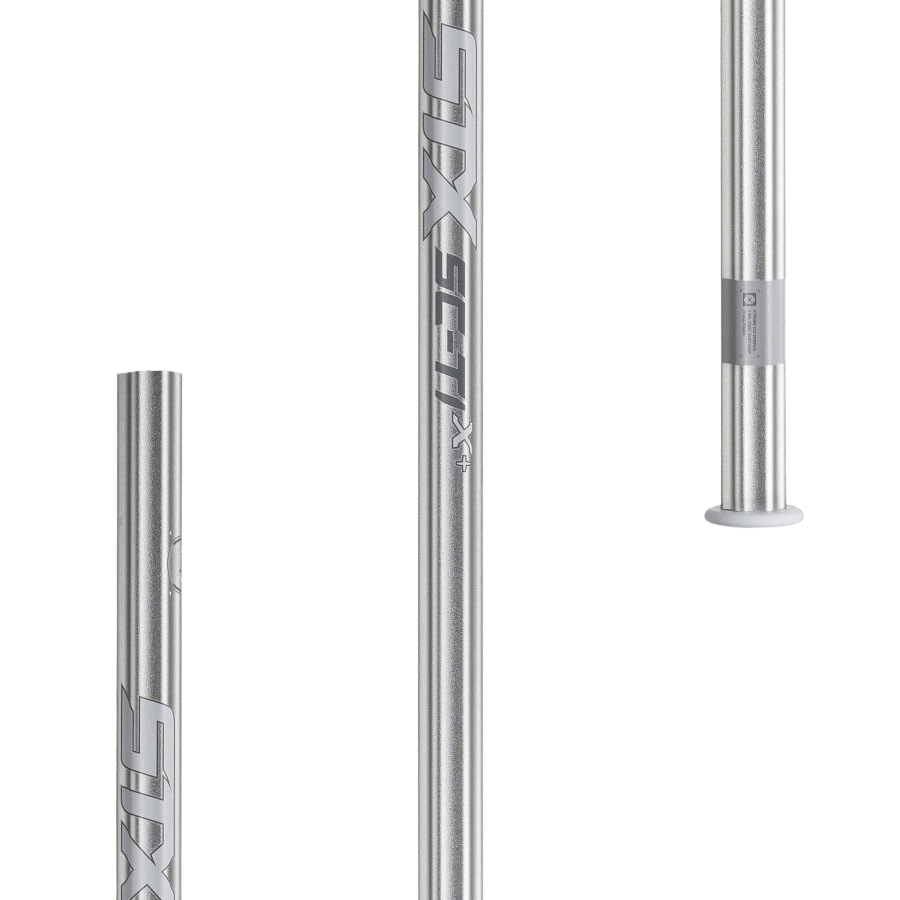 Close-up of three metallic components from a disassembled lacrosse shaft: a silver handlebar with the "STX" logo, a vertical silver tube with the "STX" logo, and a silver grip end featuring non-slip ridged detailing for enhanced control.