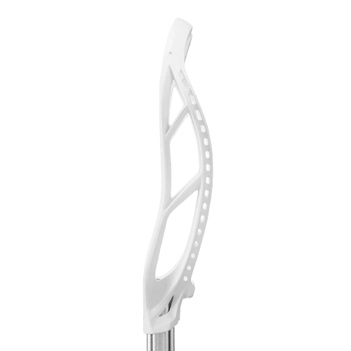 Viewed from the side, the STX Stallion 1K Lacrosse Head showcases its sleek, curved design. It features Speed Scoop technology and multiple stringing holes. Attached to a metallic shaft, the head's modern and aerodynamic structure is emphasized against a plain white background. Made by STX with durable EnduraForm materials, the product combines style and functionality seamlessly.