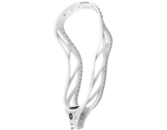 The Warrior Burn XP2-O Lacrosse Head by Warrior features a sleek, modern design in white that enhances shot power and ball-handling. Its intricate side cutouts ensure a lightweight, aerodynamic structure, with the brand's logo prominently visible at the base.